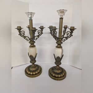 Vintage Cream and Gold 5 Armed Marbles Candelabra Brass Arm And Base Set